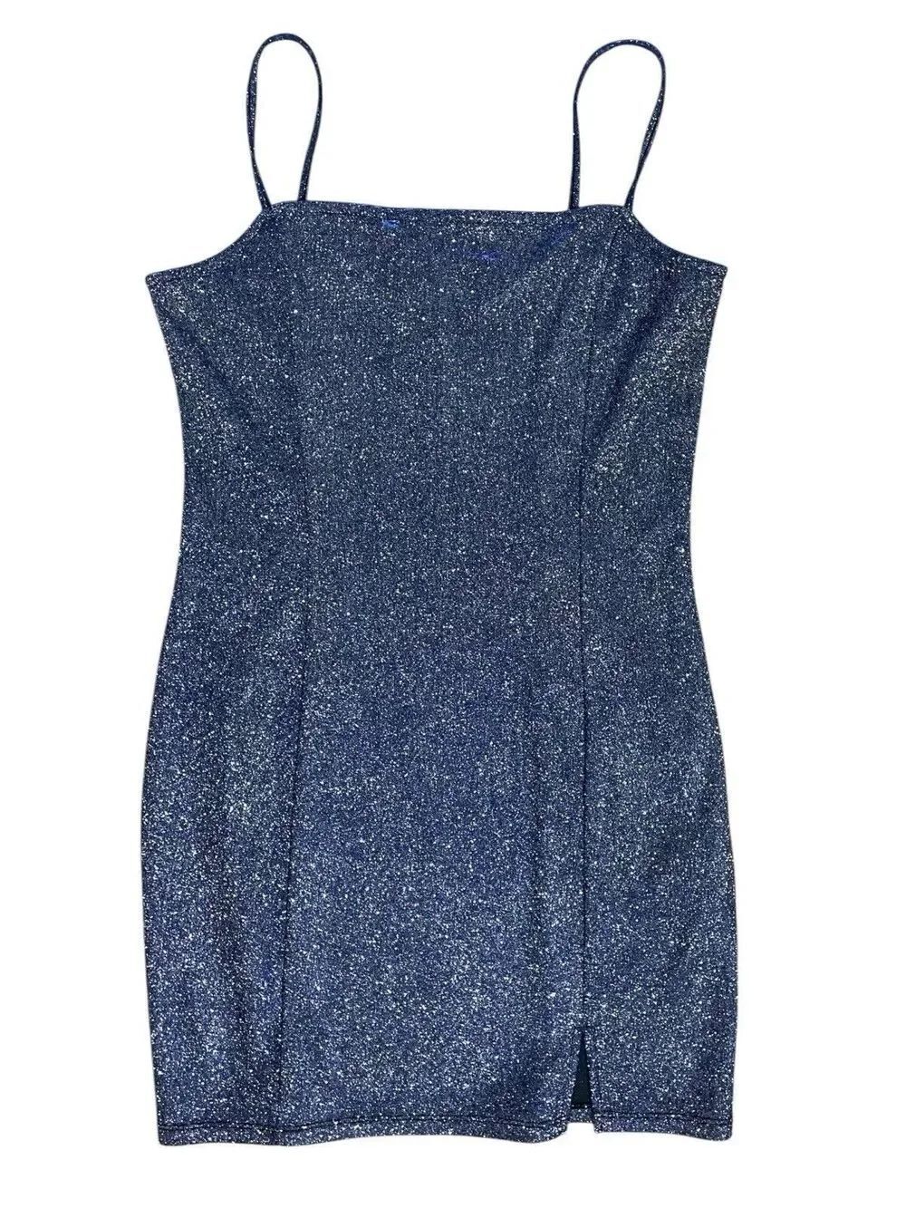 H&M Divided Blue Glitter Bodycon Mini Dress Spaghetti Strap Size M NWT